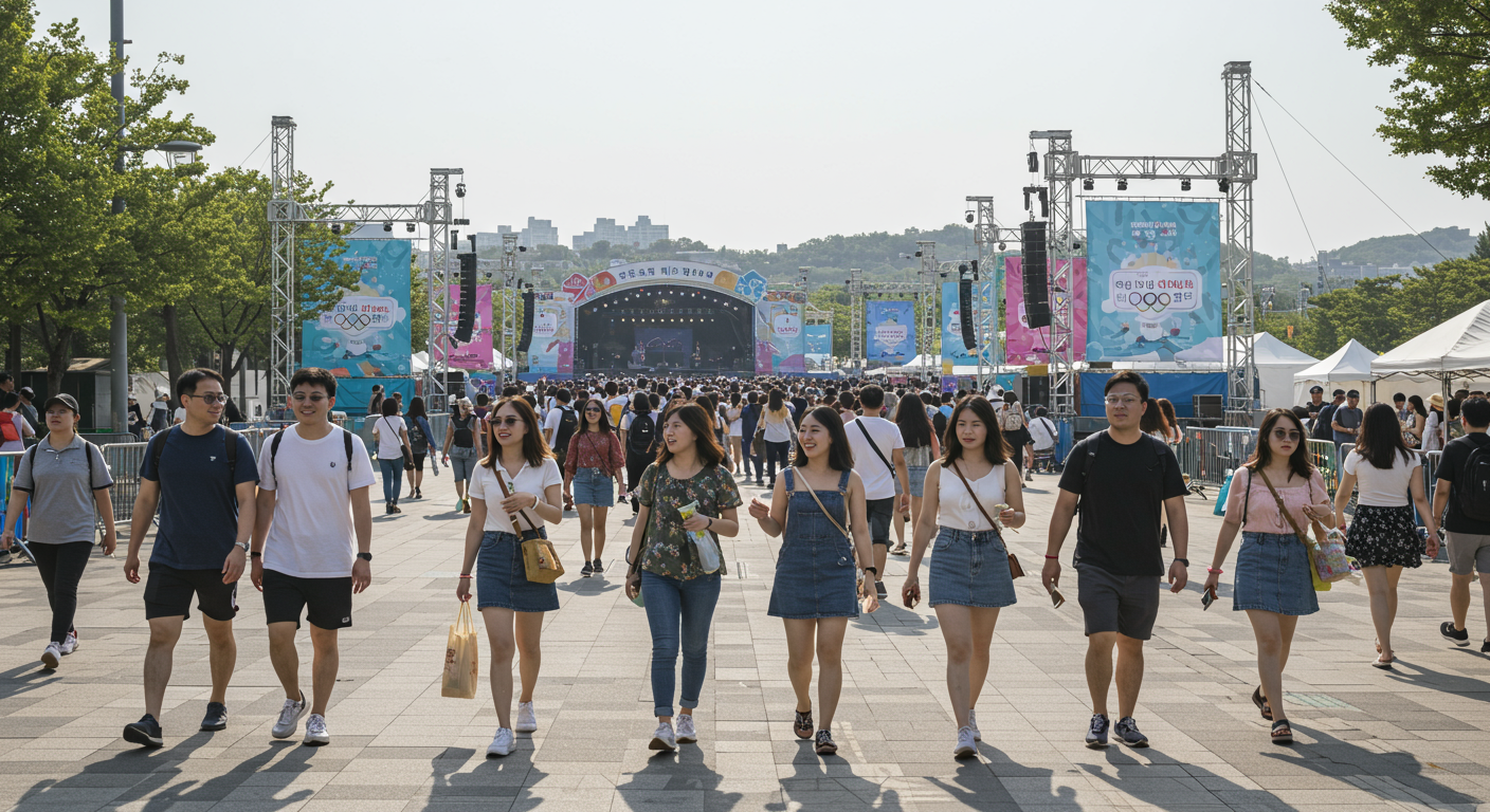 편안한 신발을 신고 작은 가방을 든 사람들이 무대 사이를 걷고 있는 모습