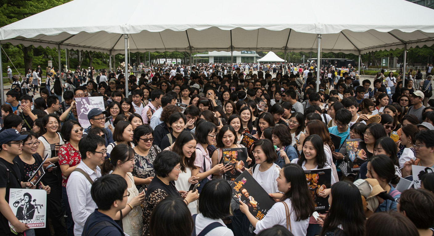 텐트 아래에서 아티스트 사인회에 참여하고 있는 즐거운 관객들 모습