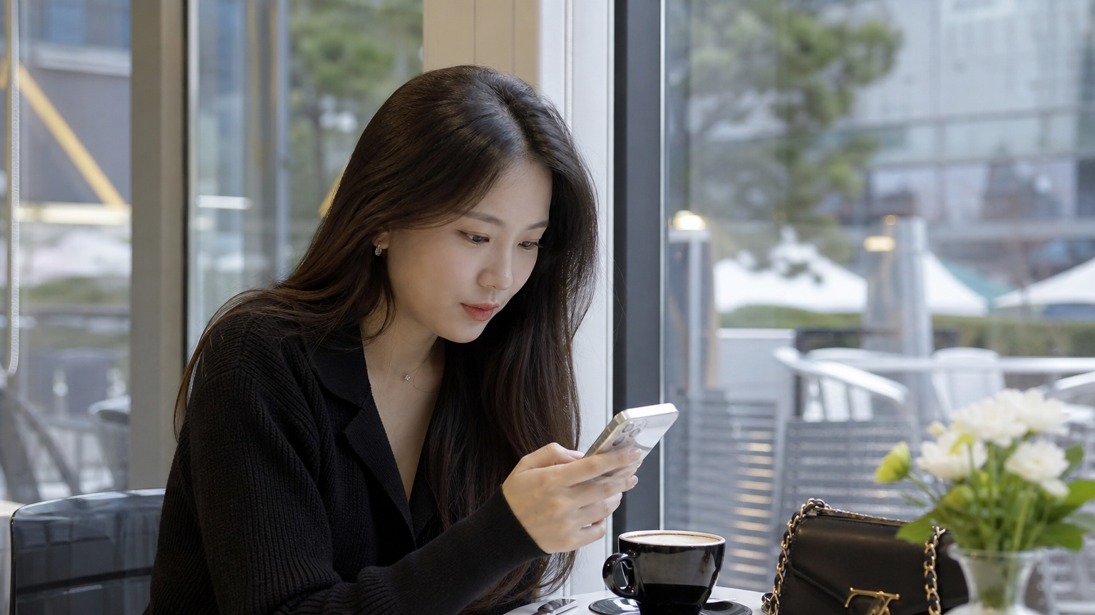 카페 테이블에서 스마트폰으로 소셜 미디어 댓글을 읽고 있는 여성
