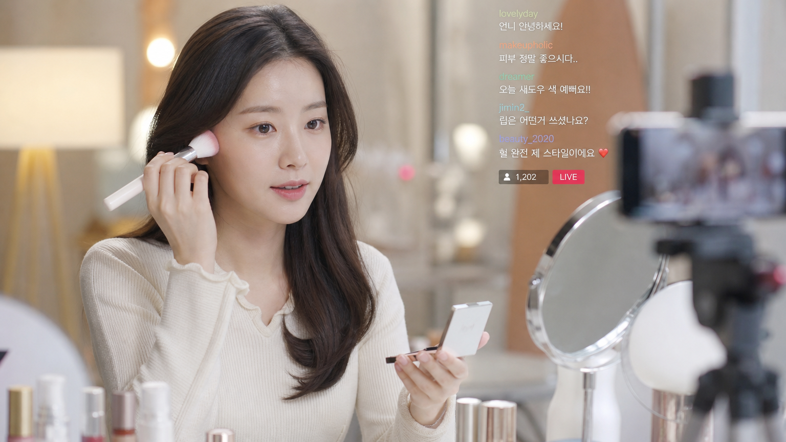 거울 앞에서 메이크업 튜토리얼을 진행 중인 여배우