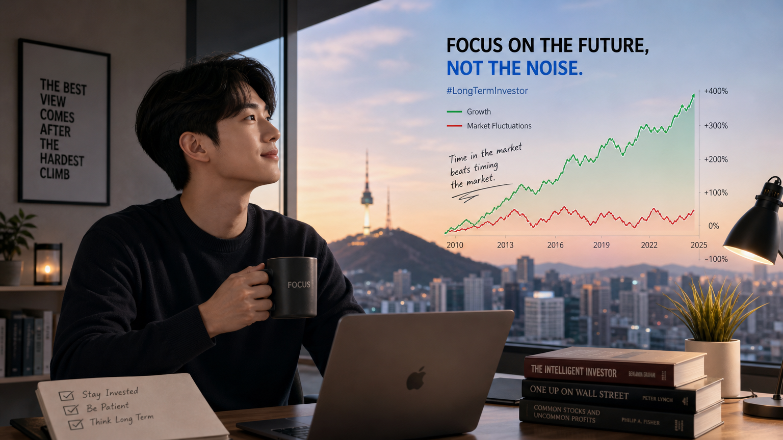 시장의 변동 속에서도 자신감 있게 성장 차트를 바라보는 젊은 투자자