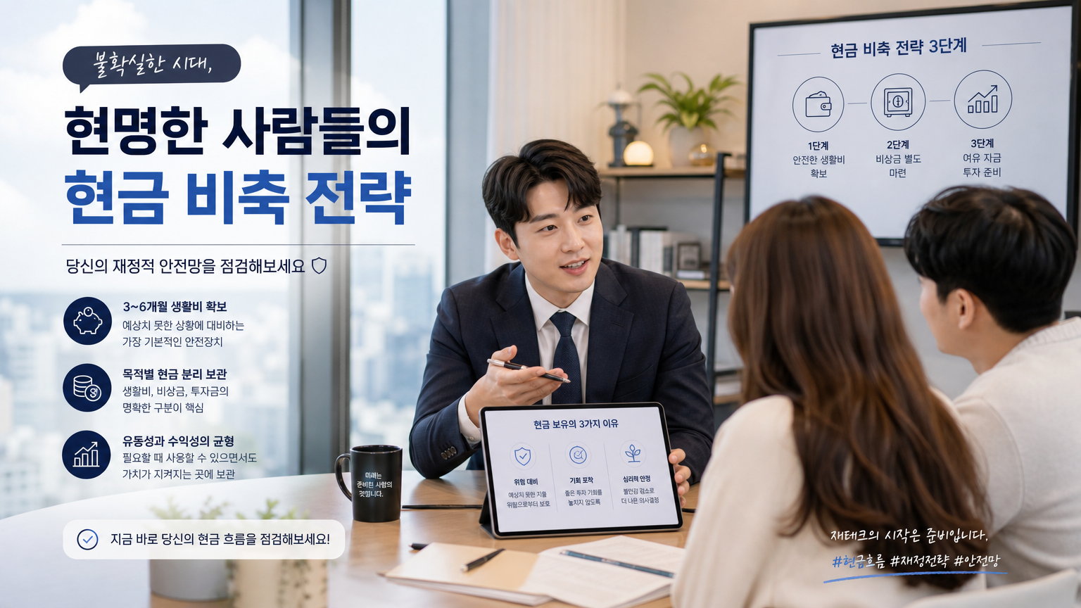 현대적인 사무실에서 고객과 함께 현금 보유 전략을 논의하는 재정 상담가
