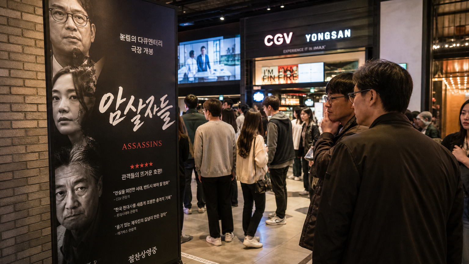 한국의 영화관 로비에서 '암살자들' 포스터를 바라보는 관객들