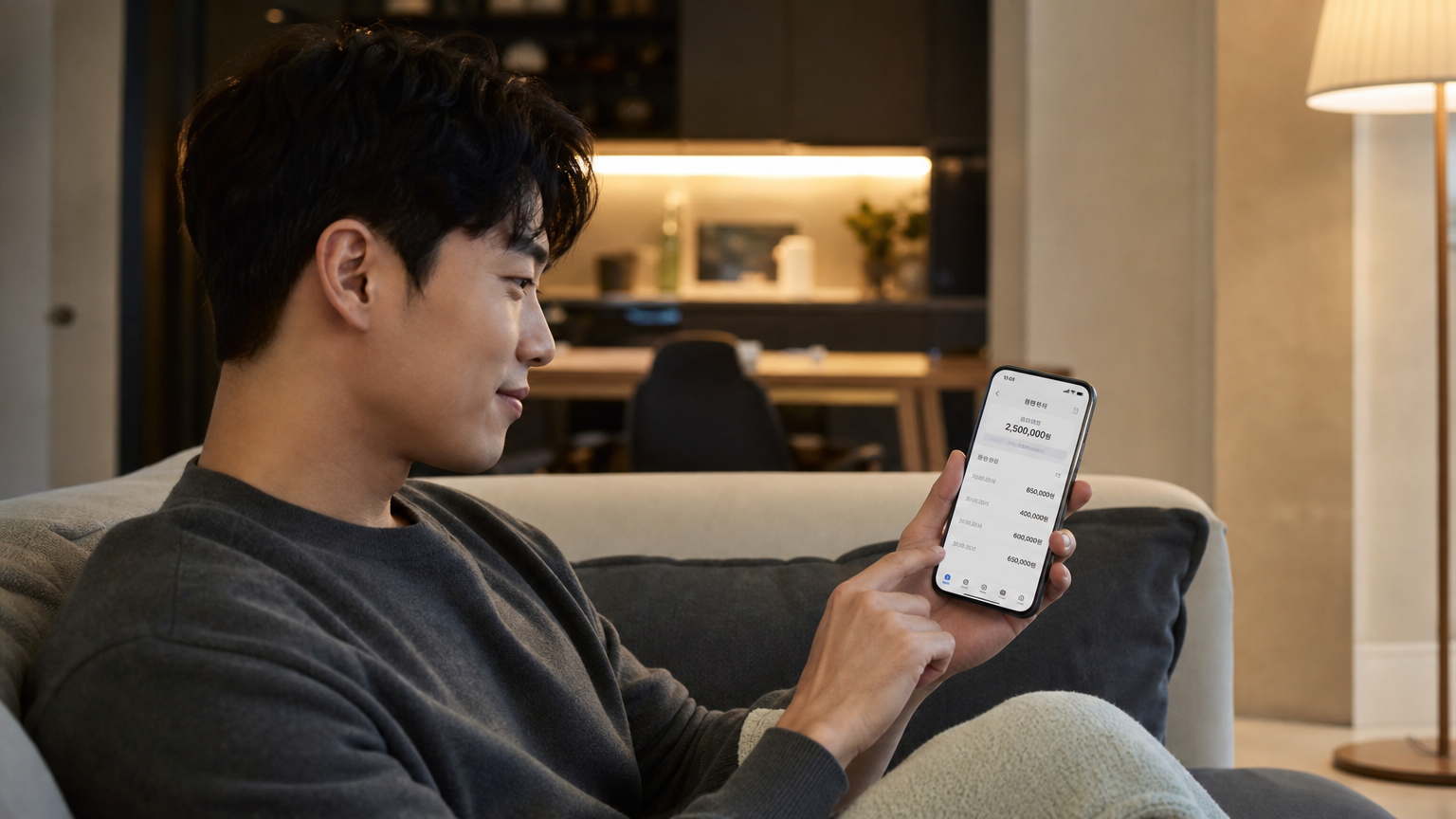 스마트폰 앱으로 배당금 입금 내역을 확인하는 성인의 편안한 가정 환경