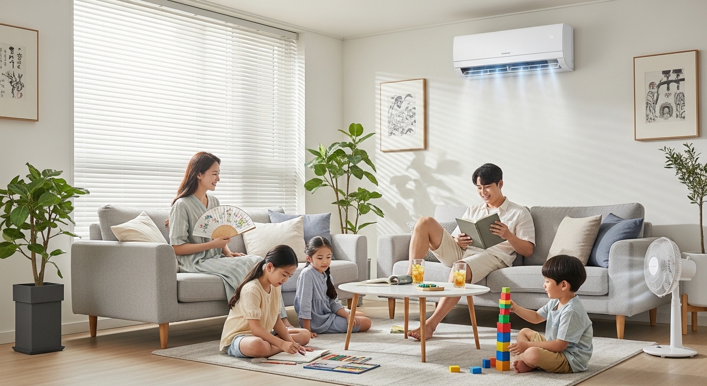 무더운 여름날 에어컨이 켜진 거실에서 편안하게 쉬고 있는 가족의 모습