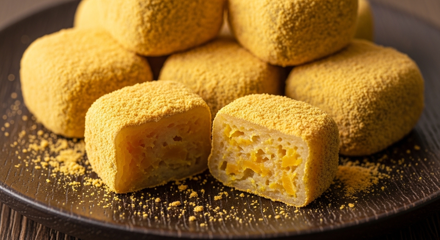 나무 접시에 담긴 카스텔라 가루를 덮은 호박인절미 클로즈업 이미지