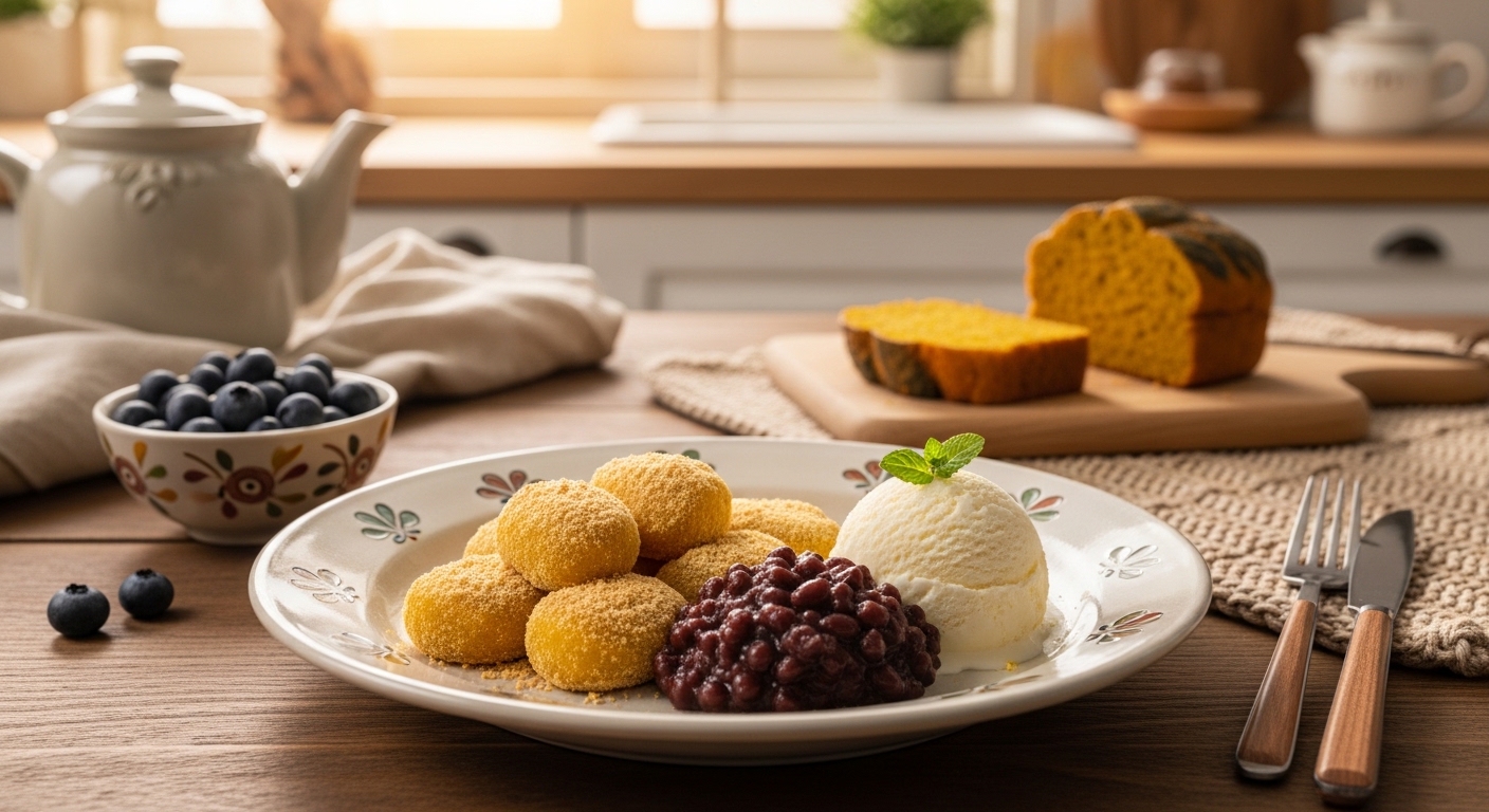 창억 호박인절미와 팥 앙금 및 아이스크림이 함께 놓여 있는 독창적인 디저트 세팅