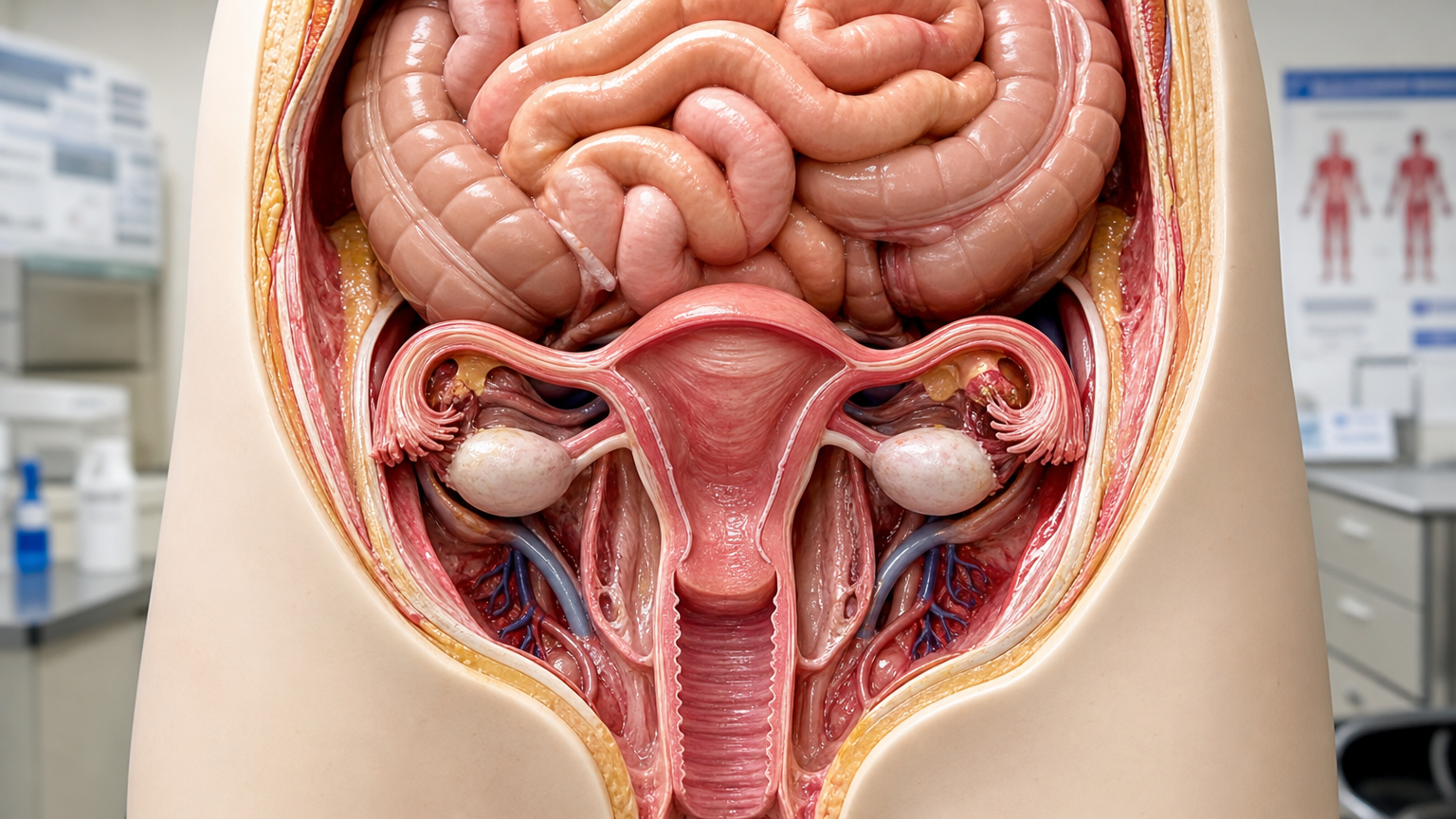 여성의 하복부 해부학적 구조를 보여주는 상세한 이미지