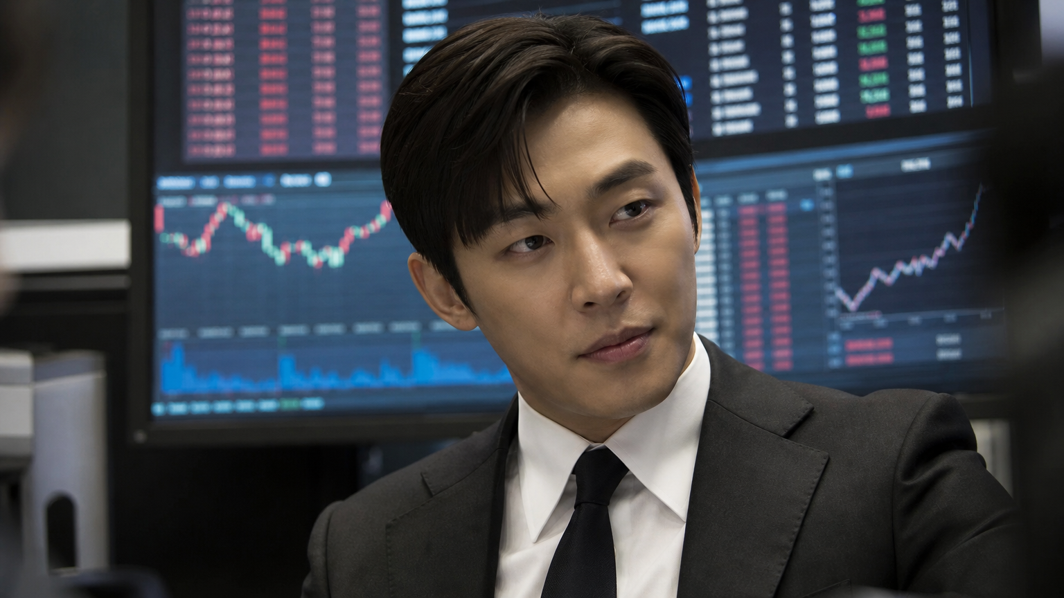 전문적인 복장을 입고 주식 시장 화면이 보이는 영화 세트장에서 브로커 역할을 하는 남자 배우