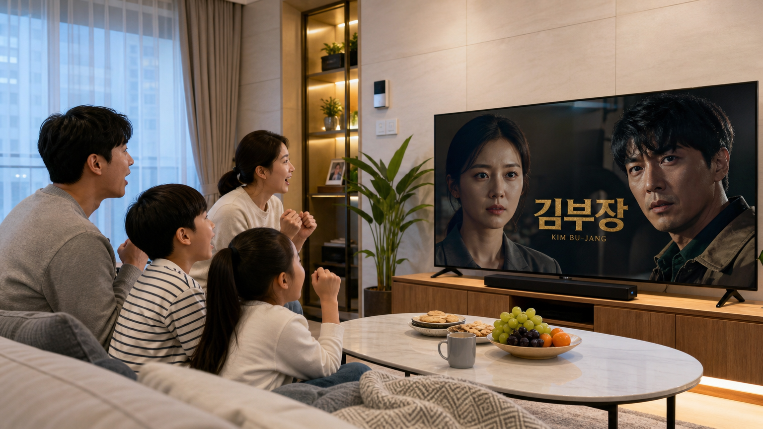 현대적인 거실에서 대형 TV로 드라마 '김부장'을 시청하며 기대감에 찬 표정의 가족