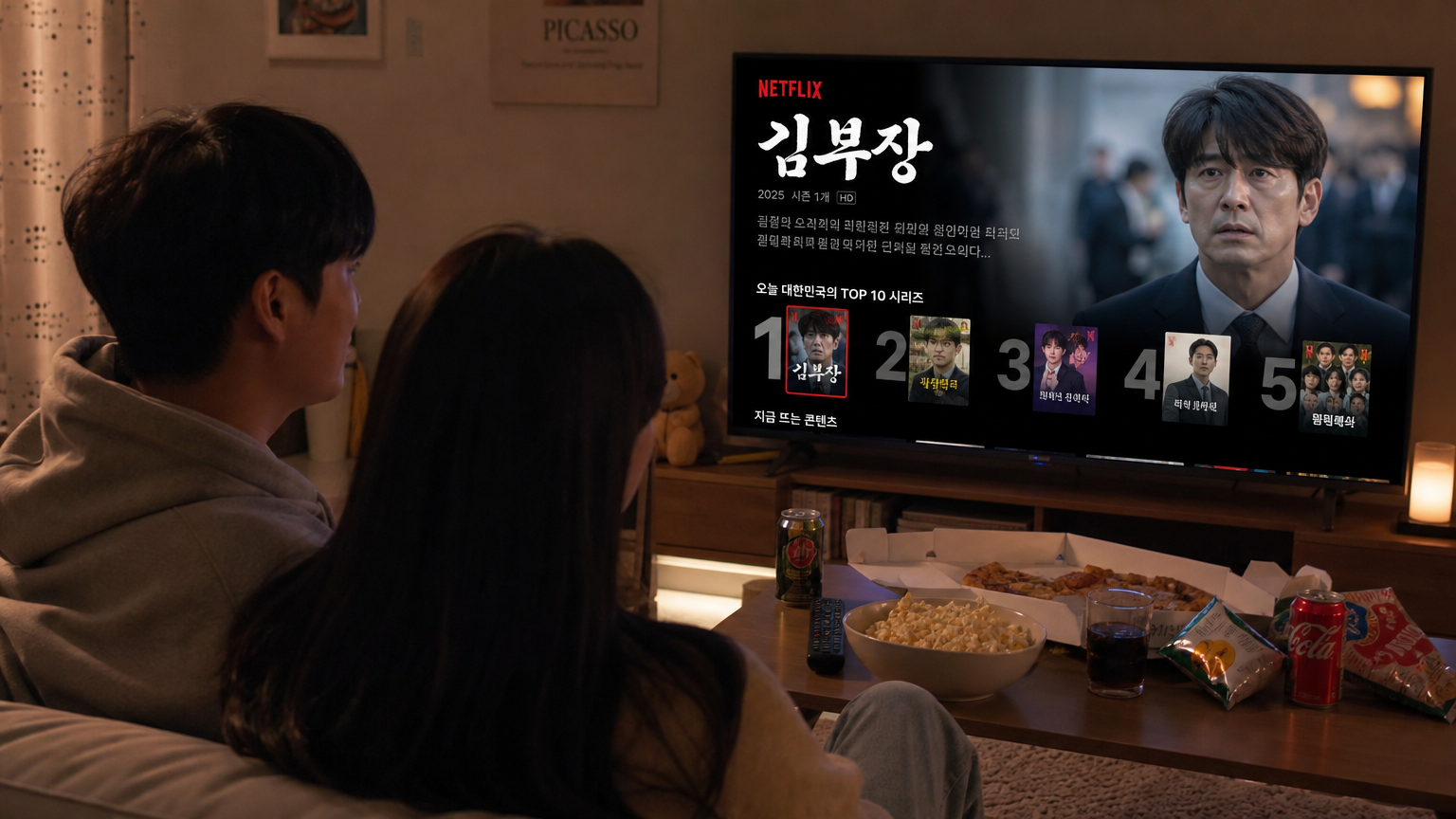 넷플릭스로 '김부장'을 시청하는 커플의 편안한 홈 씨어터 환경