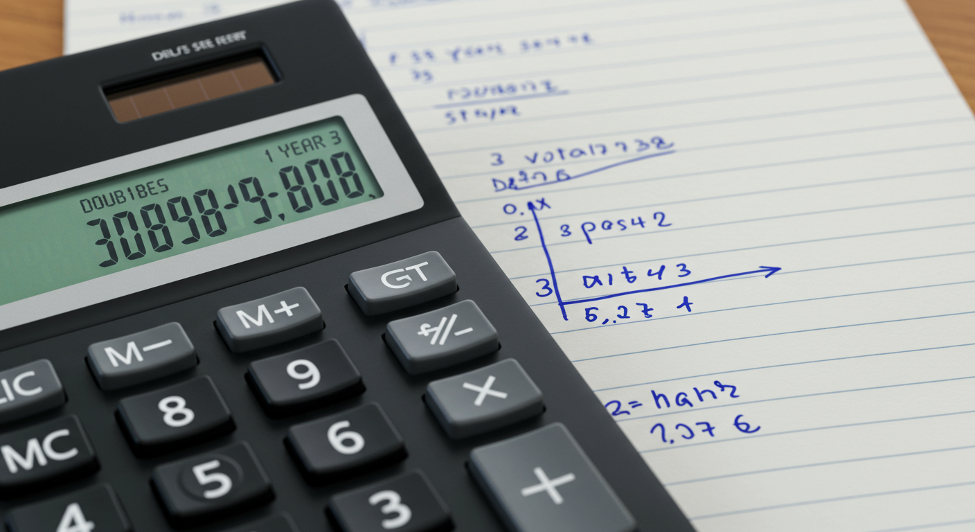 계산기와 메모지에 손으로 적힌 금액과 함께 삼 년 후 두 배로 늘어난 저축 금액