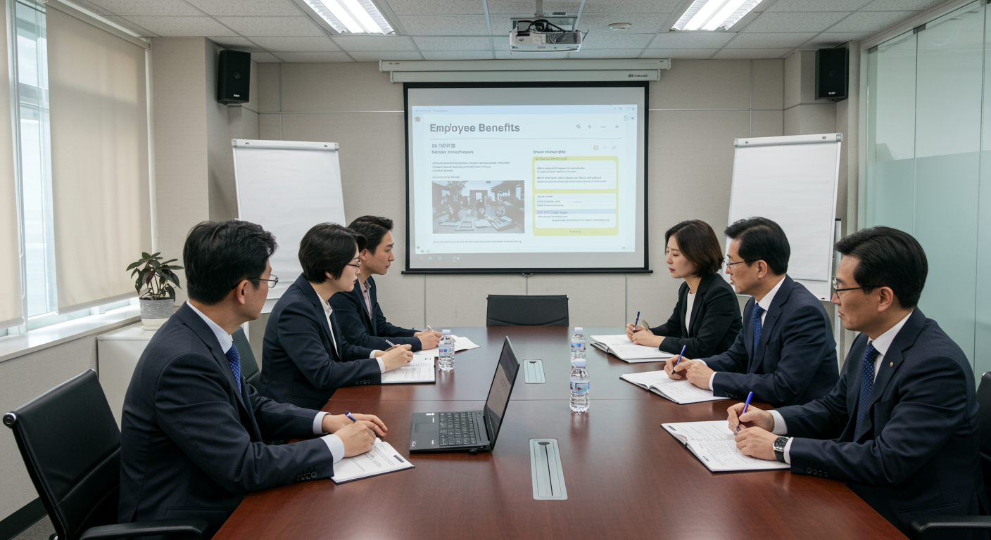 회의실에서 디지털 프레젠테이션을 통해 직원 혜택에 대해 논의하는 한국 비즈니스 전문가들