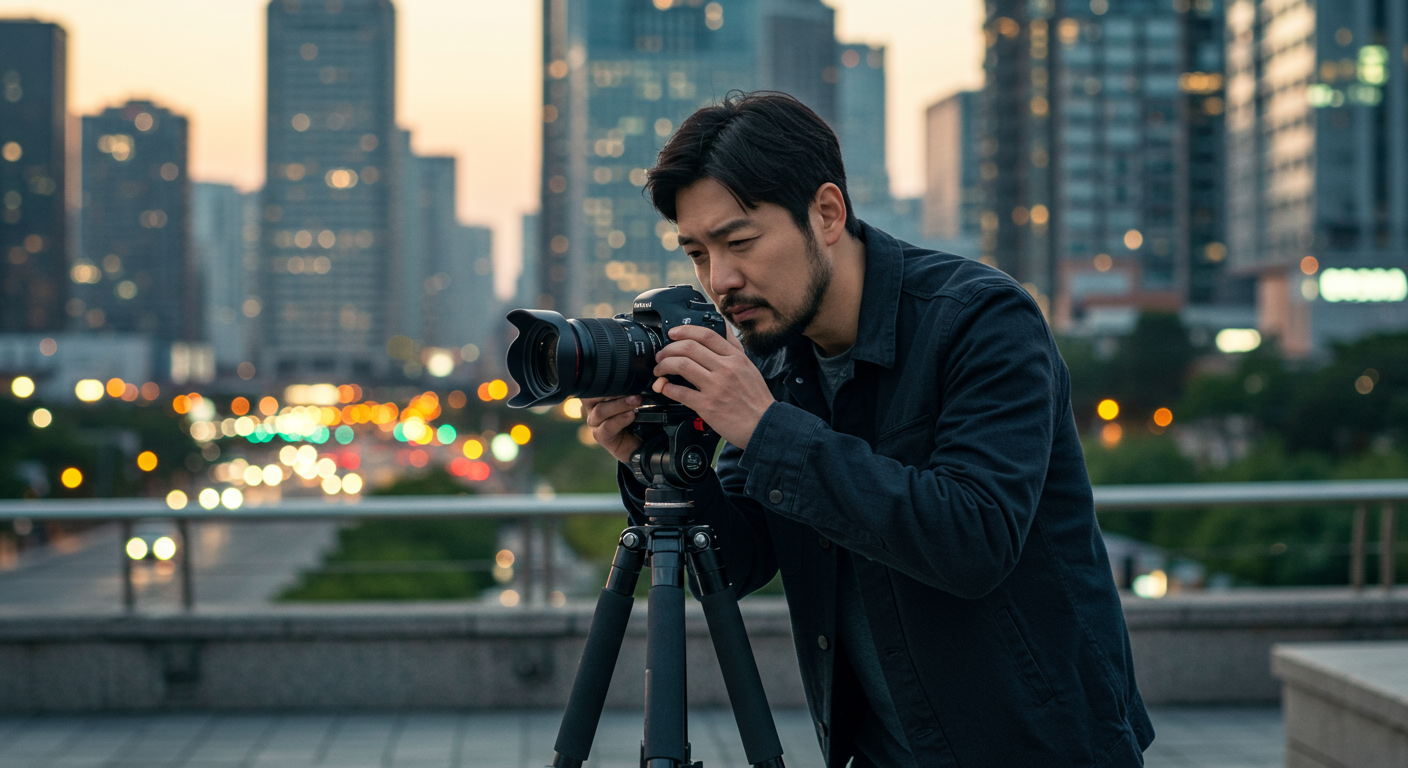 한국 사진작가가 도심 속 삼각대에 카메라를 조정하는 모습