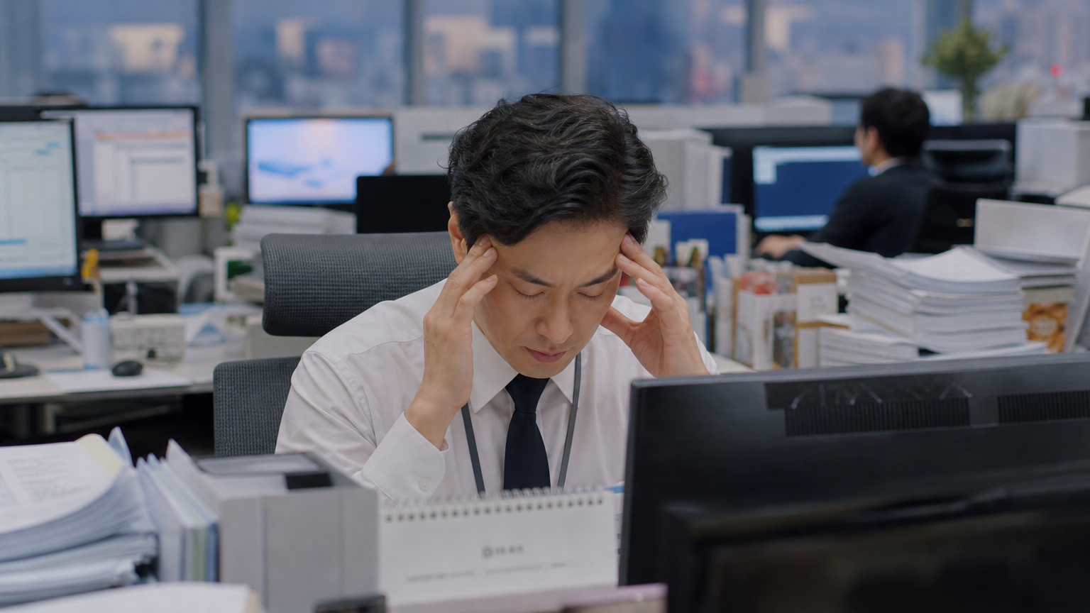 서울의 현대적인 사무실에서 피곤한 표정으로 관자놀이를 마사지하는 직장인