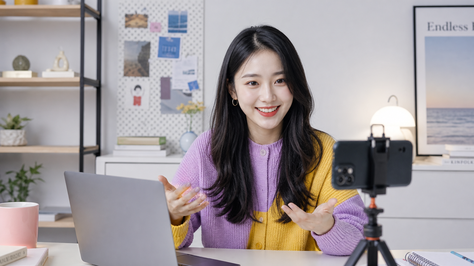 밝은 홈 스튜디오에서 노트북을 앞에 두고 브이로그를 녹화 중인 현대적 스타일의 한국 여성