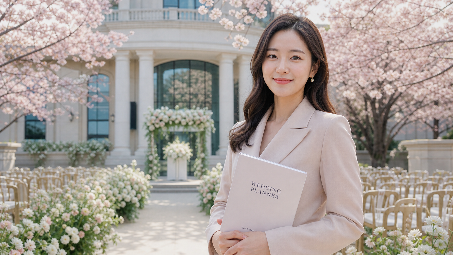 웨딩 플래너 노트를 들고 벚꽃이 핀 웨딩 장소 앞에 서 있는 한국 여성