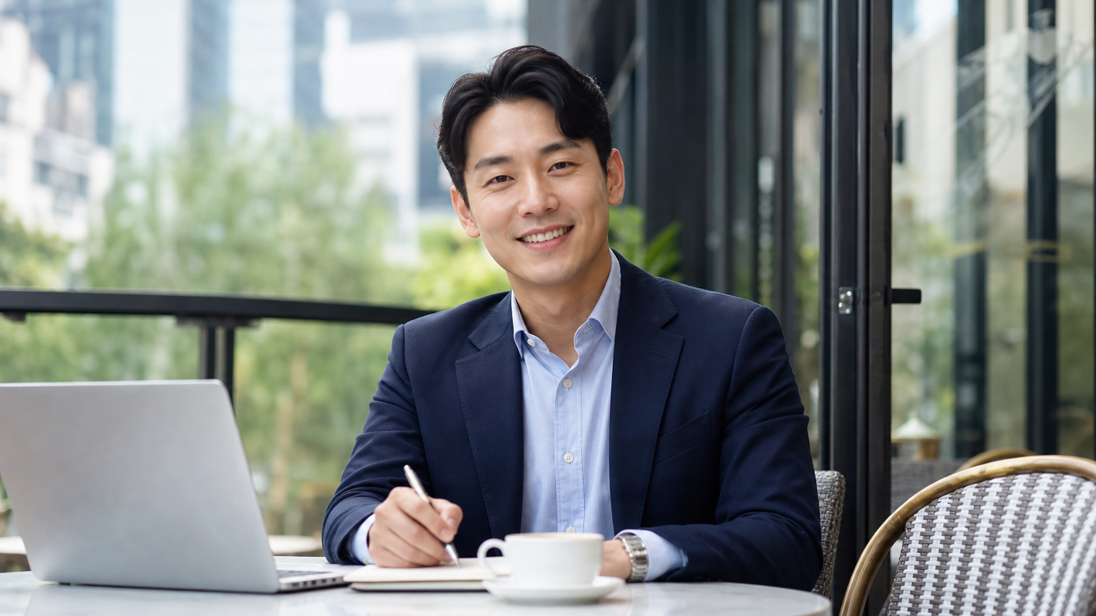 비즈니스 캐주얼 복장을 입고 야외 카페에서 자신감 있게 미소 짓고 있는 한국 남성