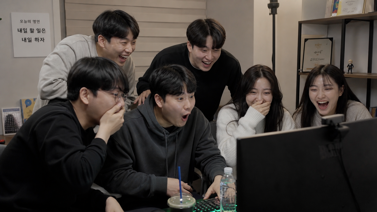 유머러스한 유튜브 영상을 보며 놀라움과 웃음을 터뜨리는 젊은 한국 성인들