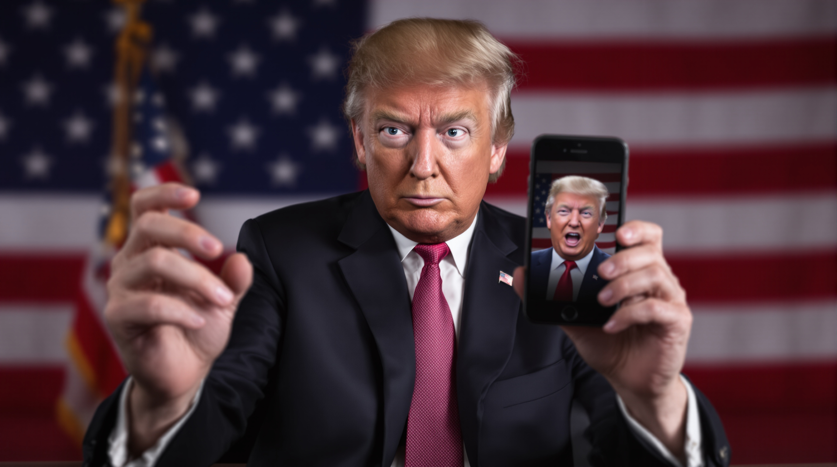 현대 정치 무대에서 아이폰 잠금화면에 자신의 얼굴을 설정한 전 대통령 트럼프의 자신감 넘치는 모습