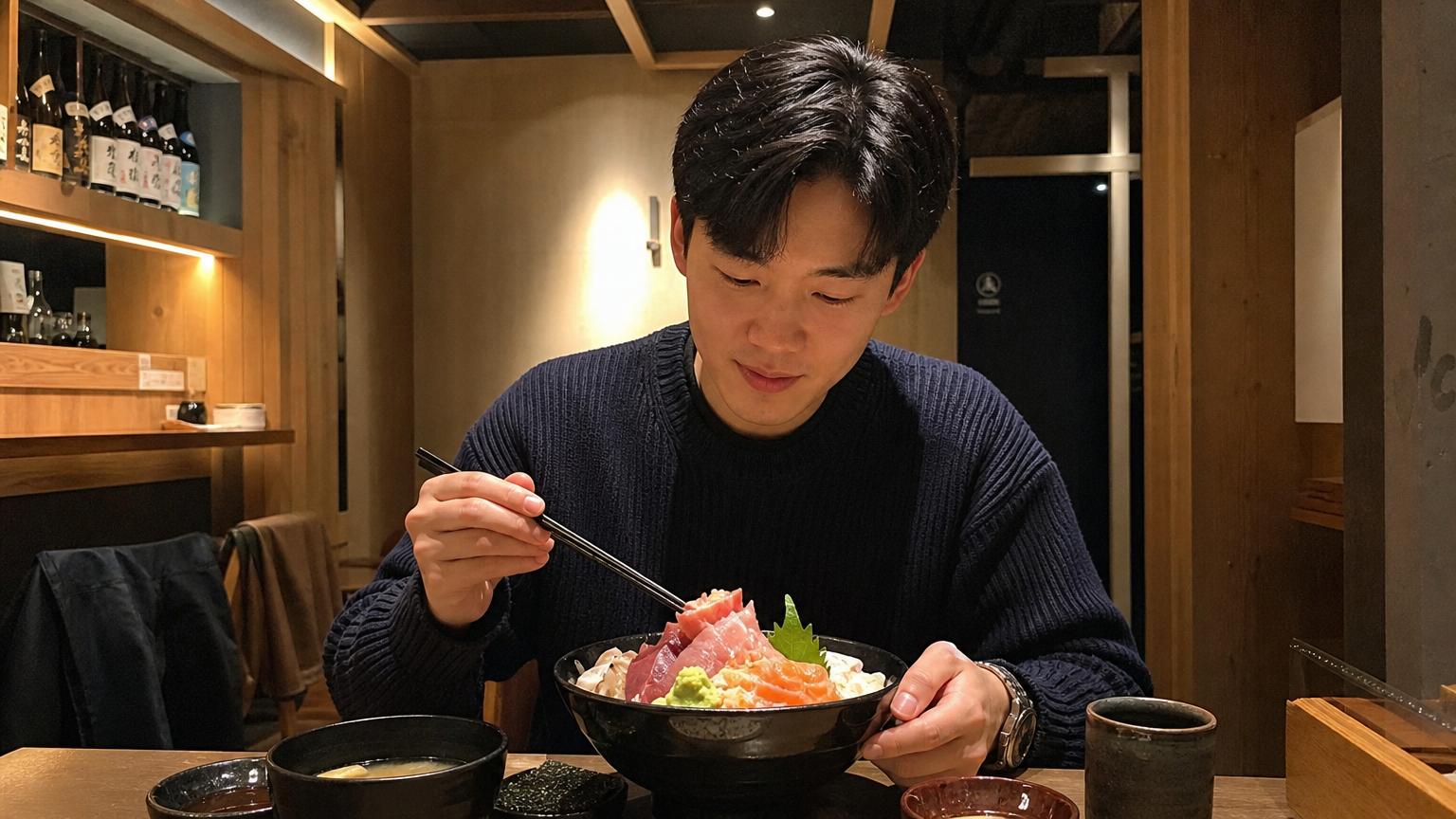 현대적인 한국인이 아늑한 도시 레스토랑에서 신선한 카이센동을 즐기는 모습