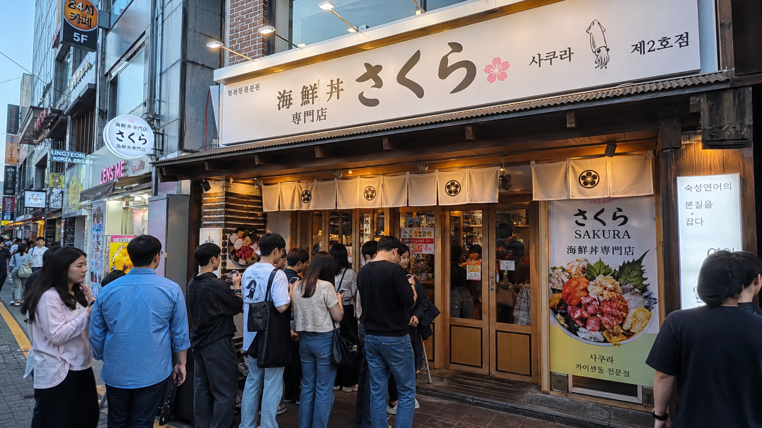 서울 시내 활기찬 거리 속 젊은 층들이 기다리고 있는 인기 있는 카이센동 식당 외관
