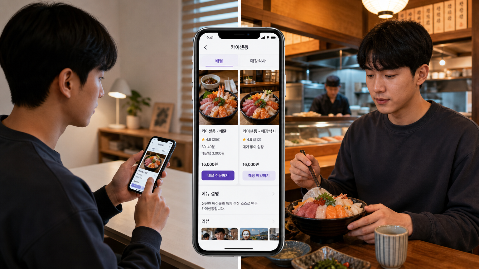 스마트폰 앱으로 배달과 매장 방문 옵션을 비교하는 한국인의 모습; 집에서 먹는 세팅과 아늑한 레스토랑 내부가 나란히 보여짐