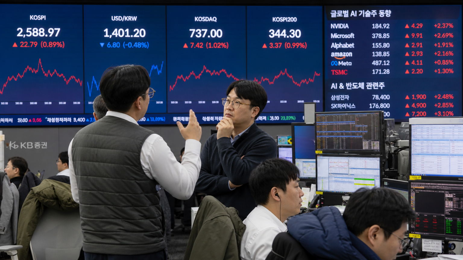 금융 애널리스트들이 거래소에서 지정학적 긴장과 AI 주식 상승에 대해 토론하는 장면