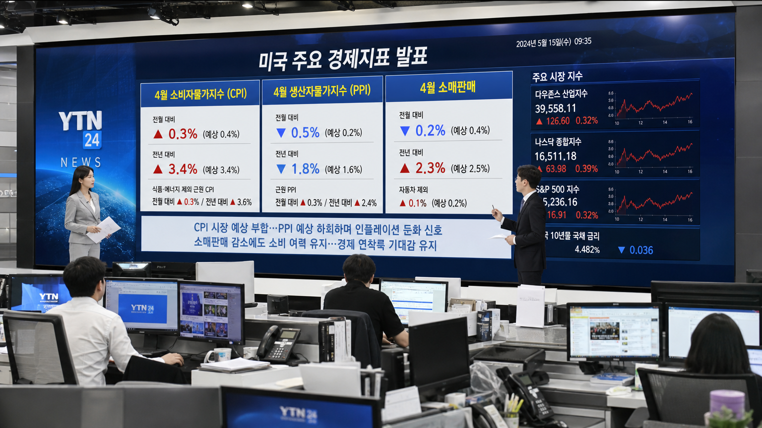 경제 지표 관련 뉴스가 대형 스크린에 보도되는 현대적인 한국 뉴스룸 설정