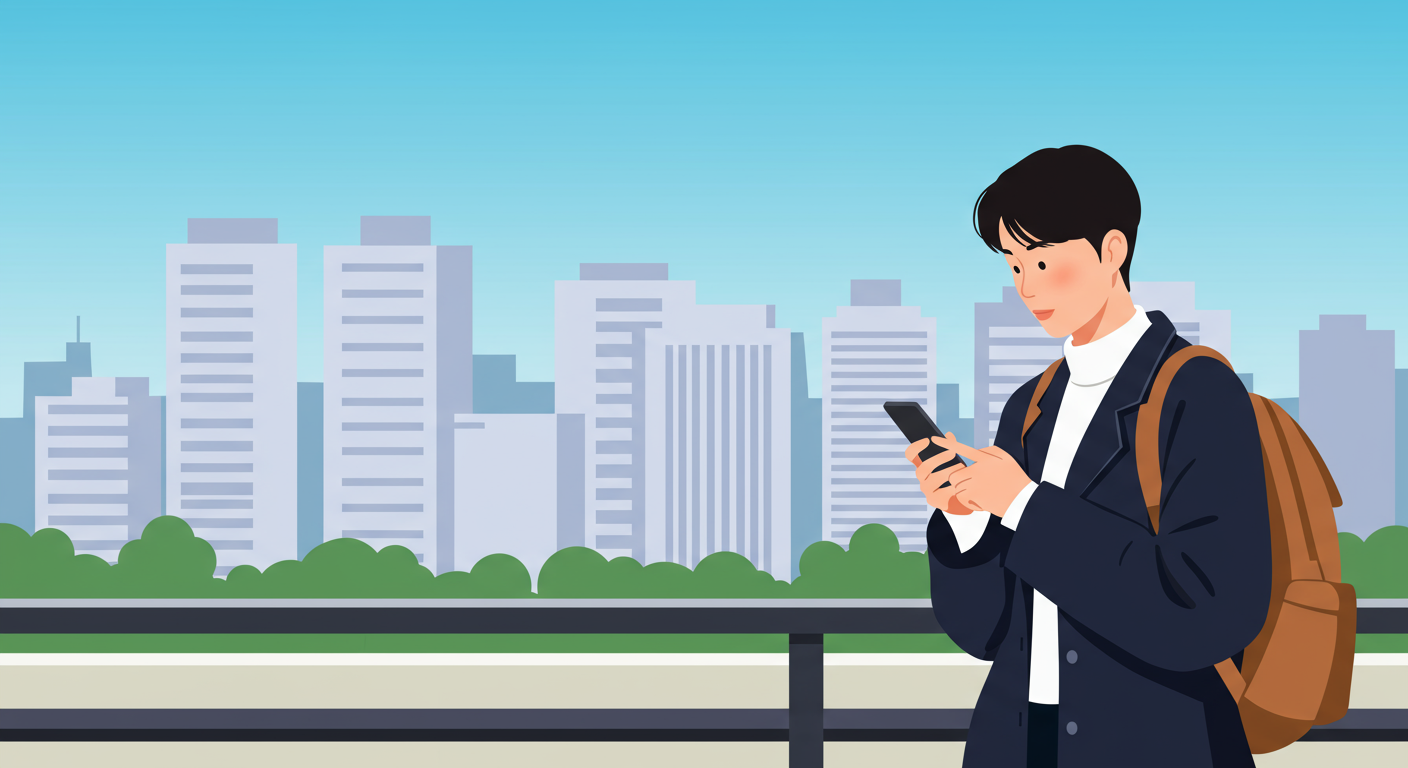 스마트폰을 사용하는 젊은 직장인의 모습과 현대적 도시 풍경