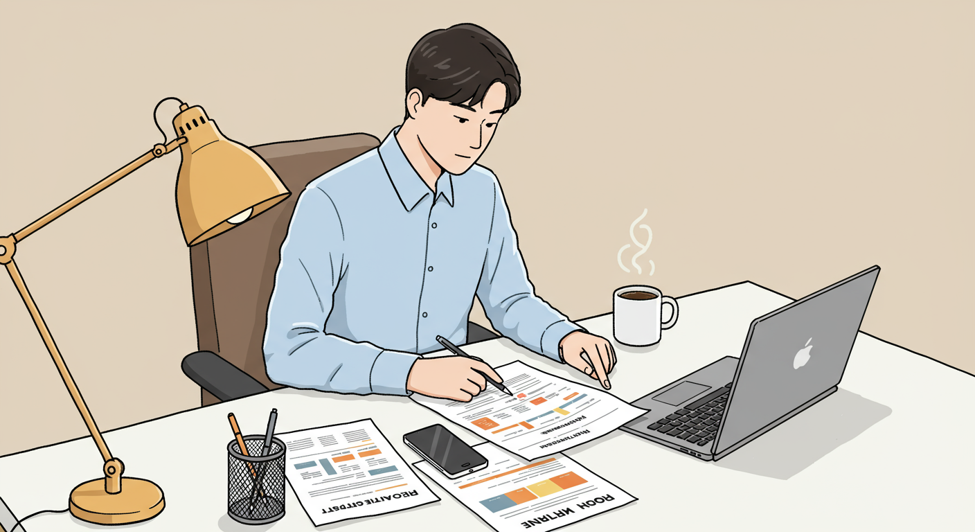 사무실 책상에서 모바일 계약서를 검토하는 한국 직장인