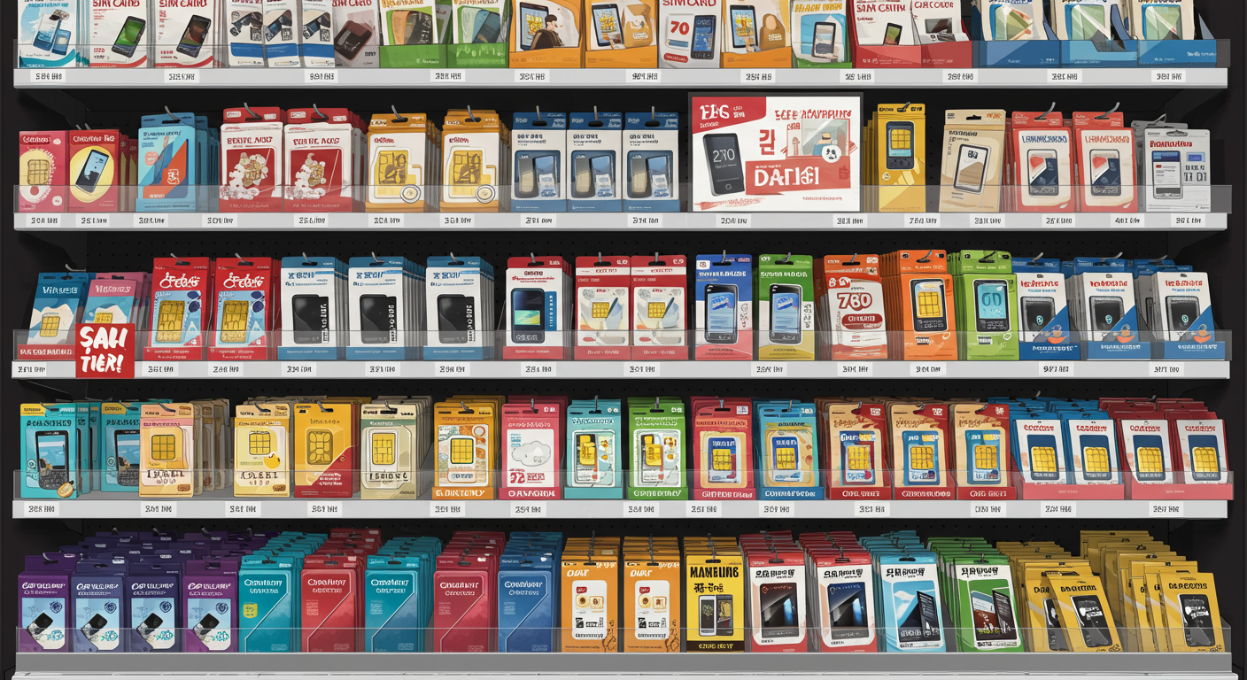 다양한 종류의 심카드 패키지가 진열된 매장 선반