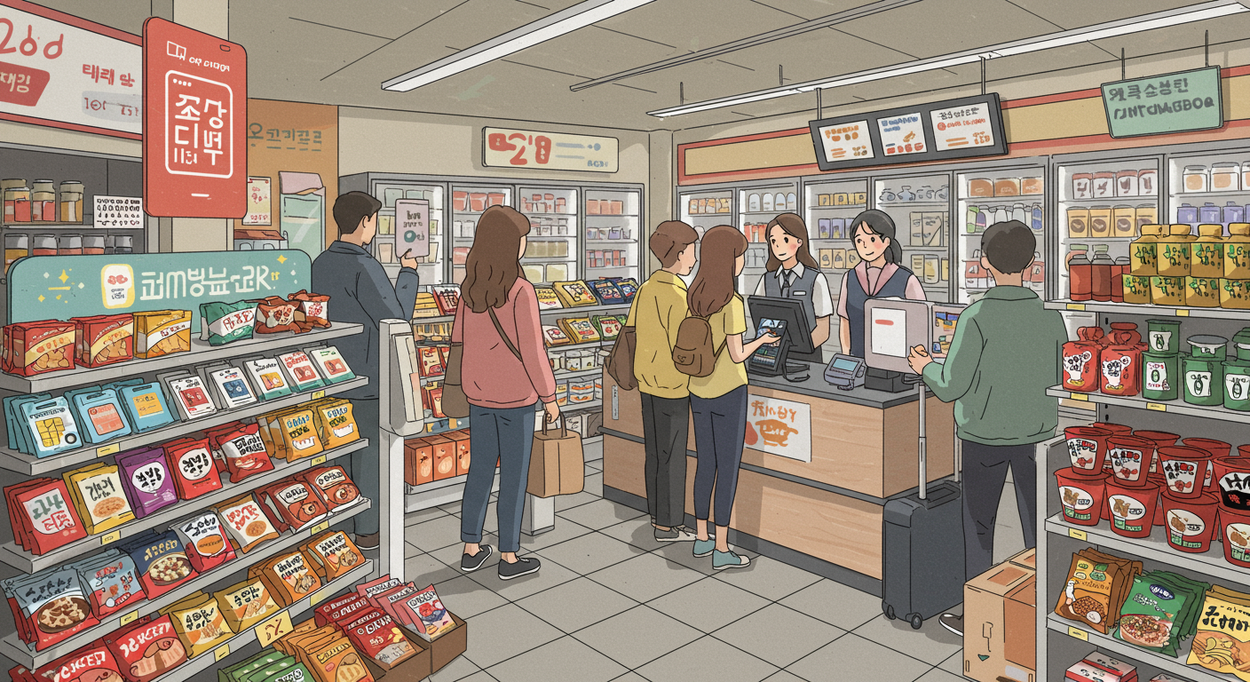 편의점 계산대 근처에 진열된 심카드를 보는 고객들