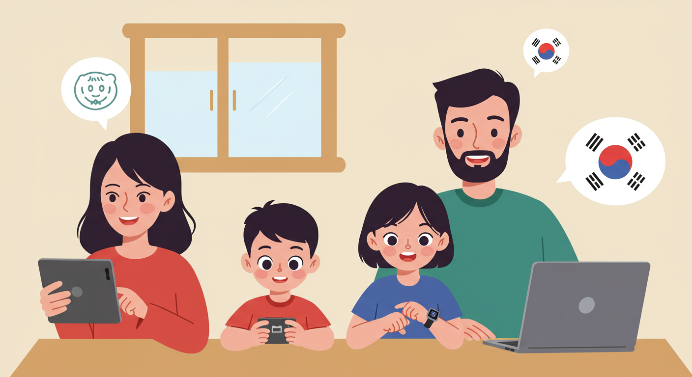 디지털 기기를 사용하는 현대적인 가족의 모습과 원활한 연결성