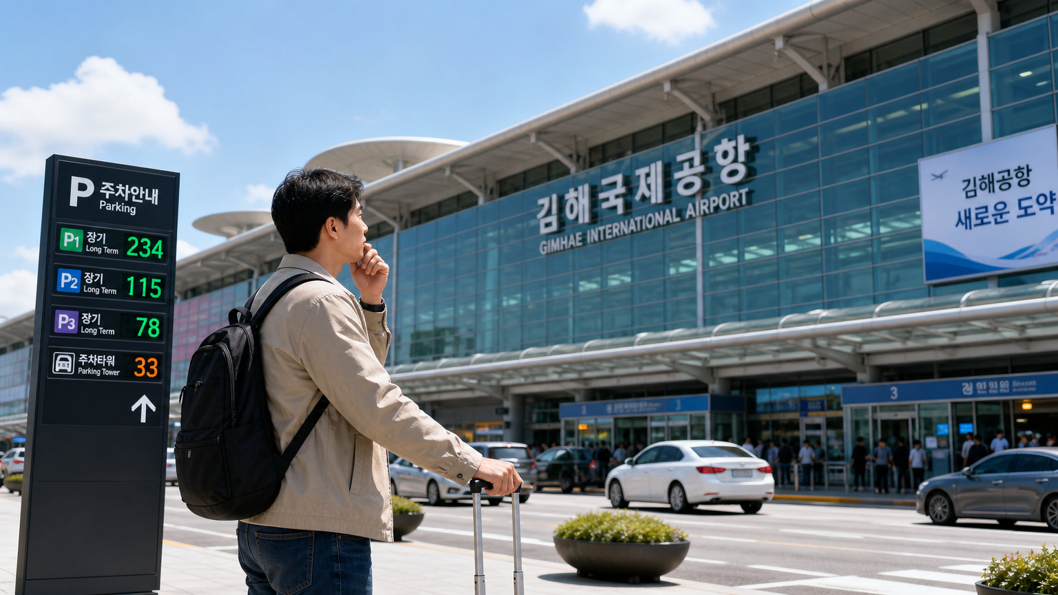 김해공항 입구에서 주차 고민 중인 여행객