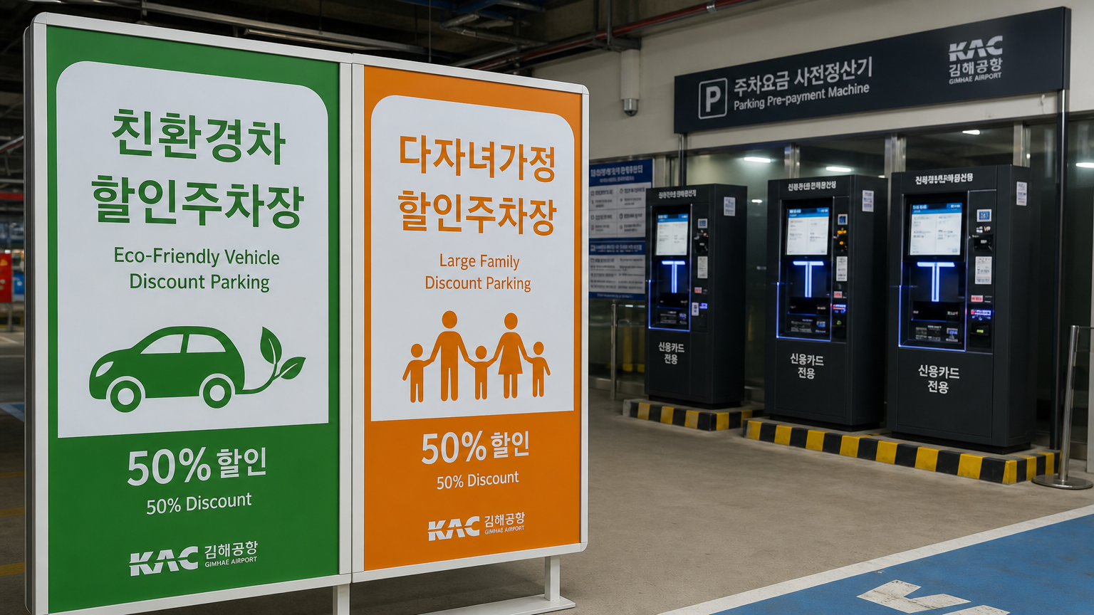 친환경 차량 및 다자녀 가정 차량 할인을 알리는 표지판과 최신식 티켓 발급기
