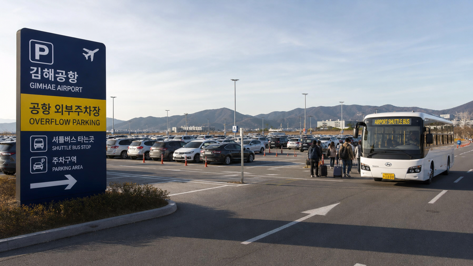셔틀버스 서비스가 있는 김해공항 근처 사설 대체 주차장의 외부 모습