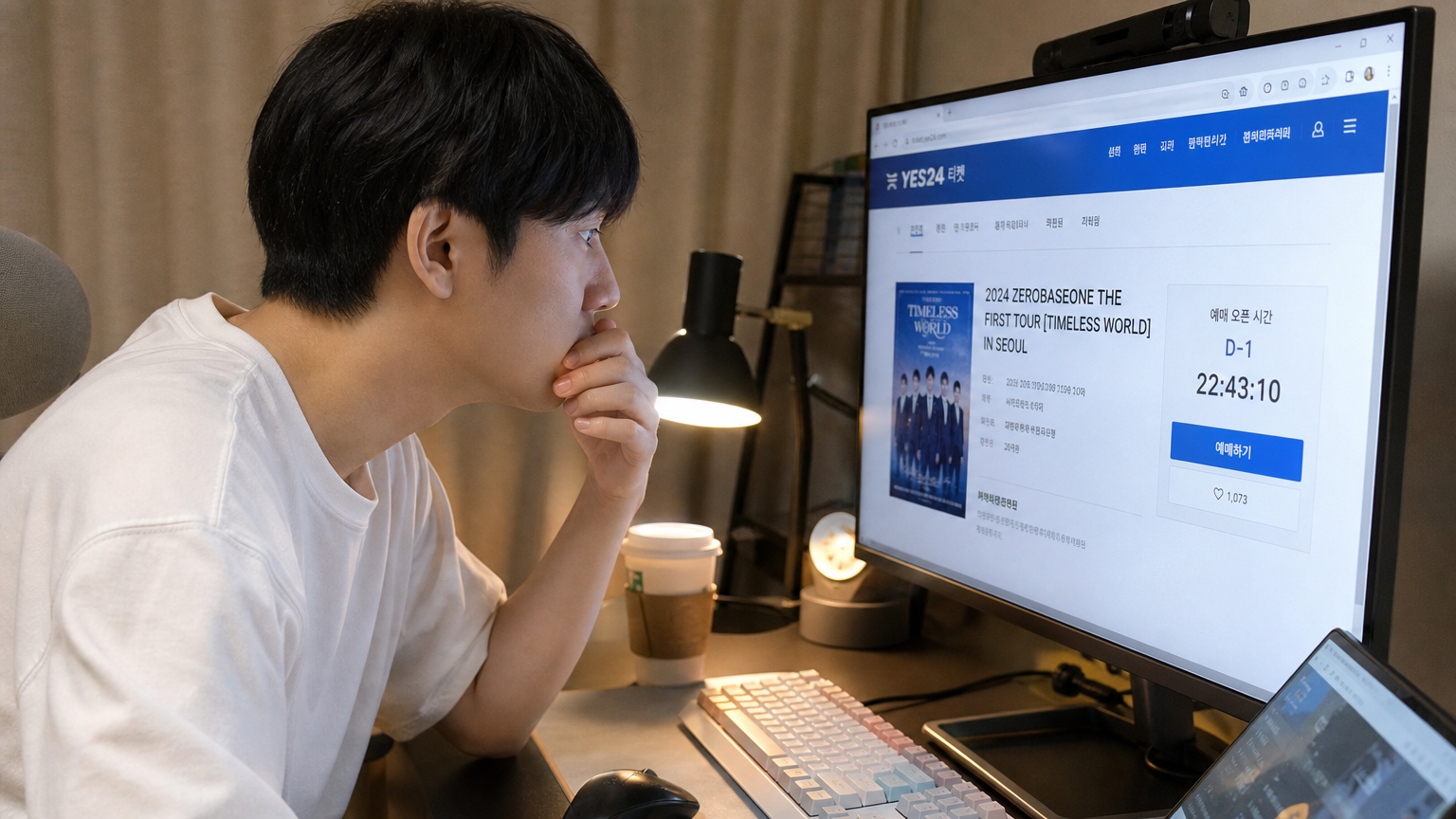 현대적인 환경에서 컴퓨터 앞에 앉아 콘서트 티켓을 예약하는 한국인 모습