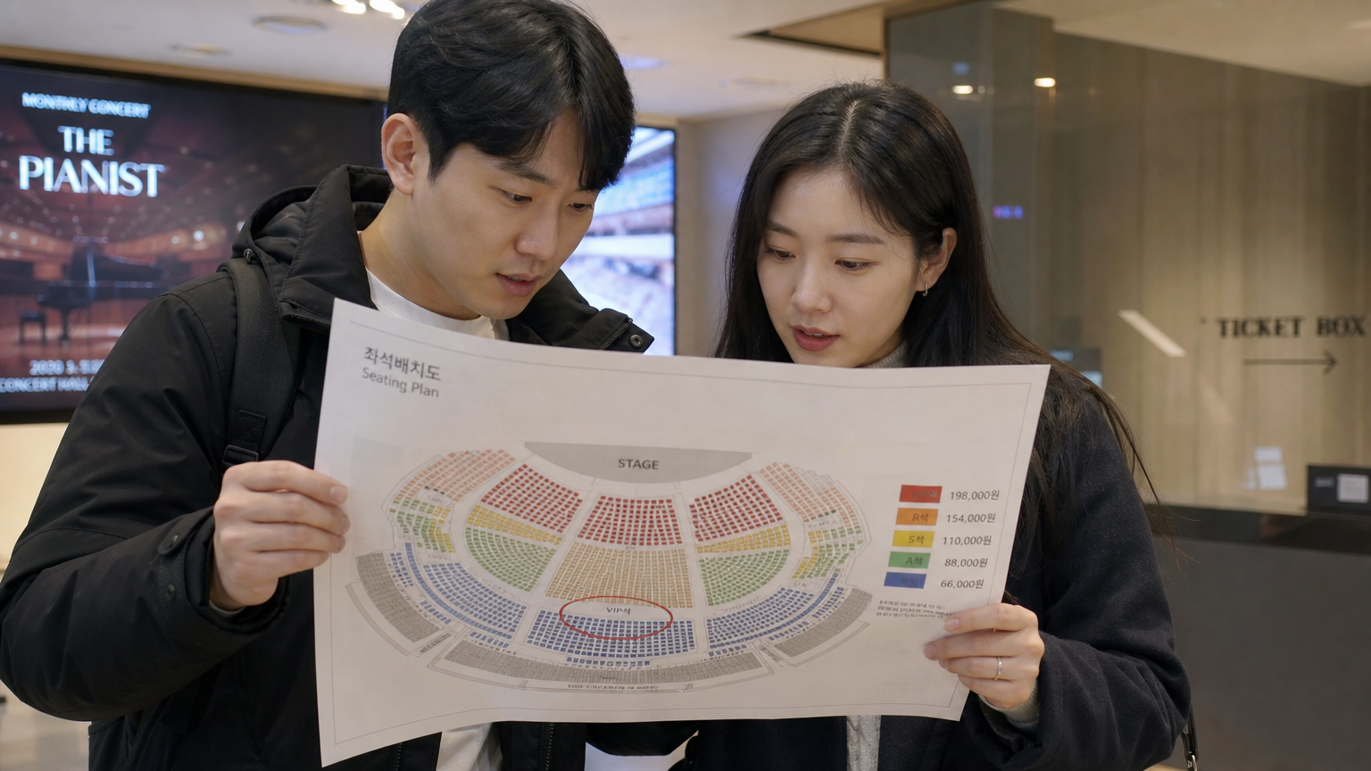 공연장의 다양한 가격대가 표시된 좌석 배치도를 살펴보는 한국인들