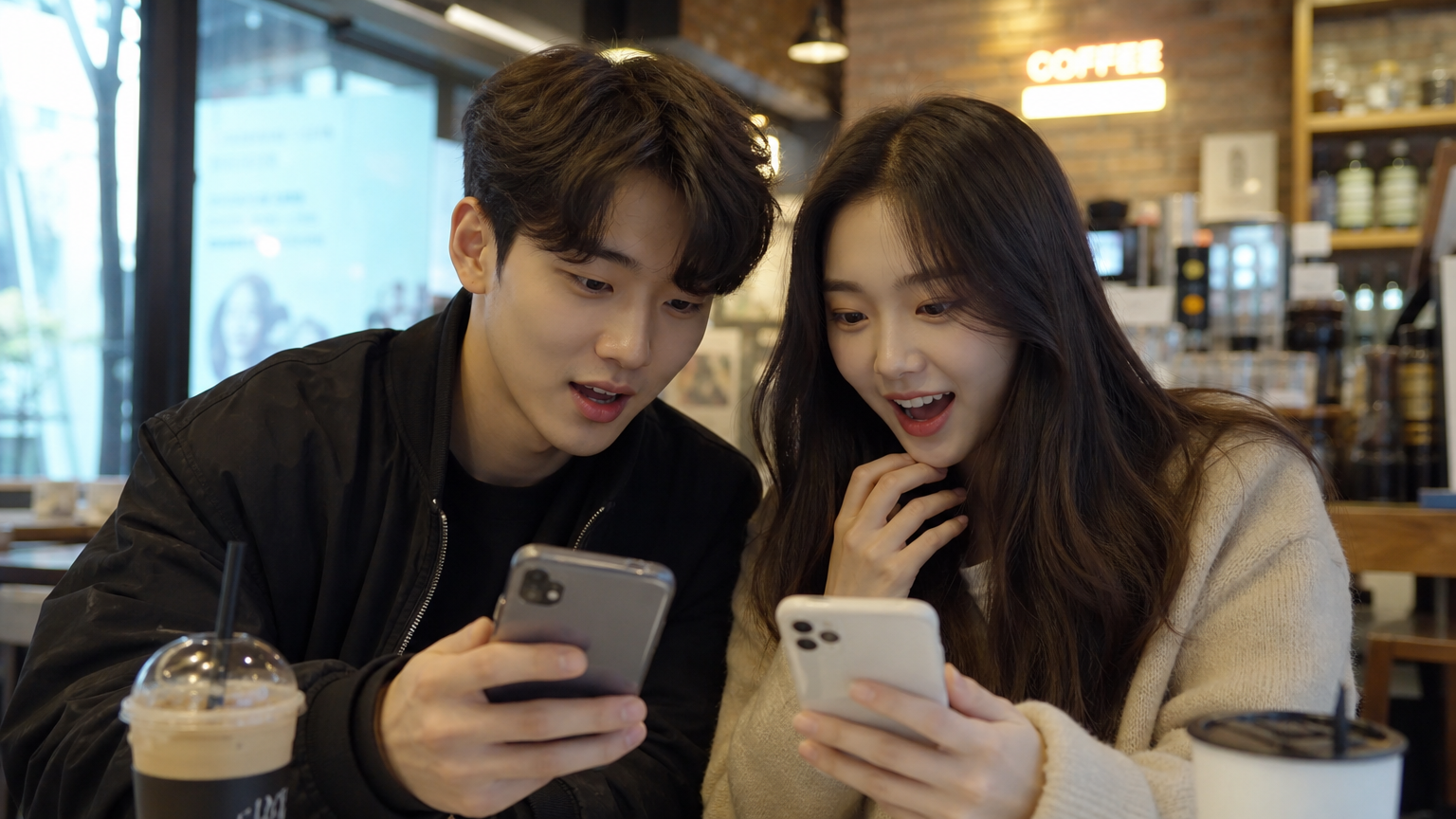 카페에서 스마트폰으로 콘텐츠를 시청하는 젊은이들의 모습