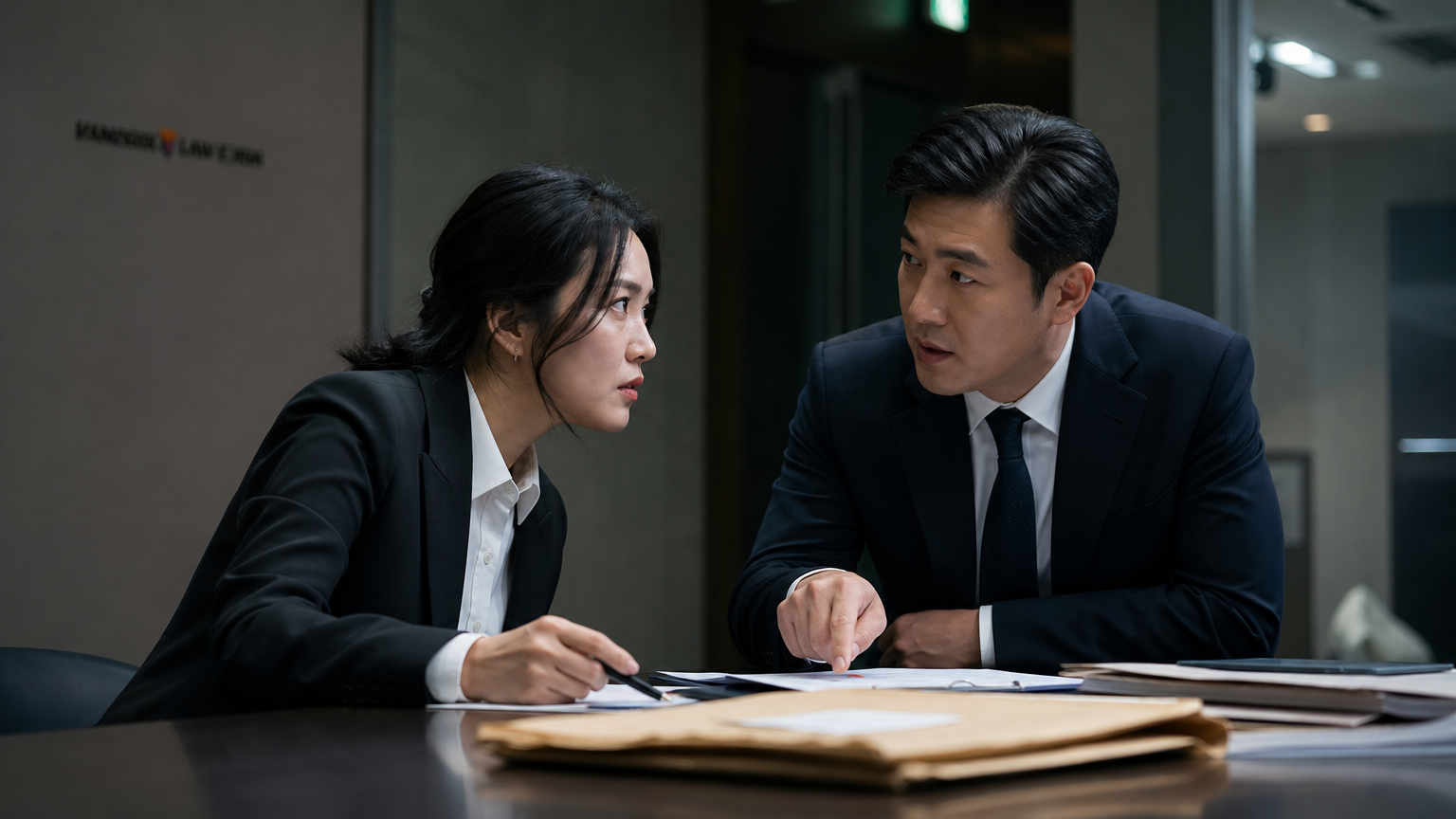 사무실에서 비밀 서류를 검토하는 두 인물의 긴장된 순간