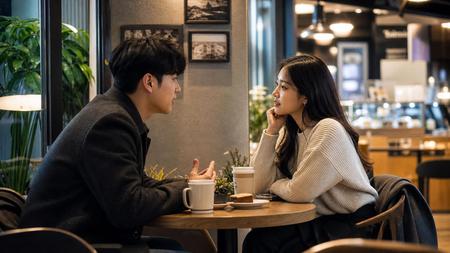 현대적인 카페에서 대화를 나누는 세련된 커플