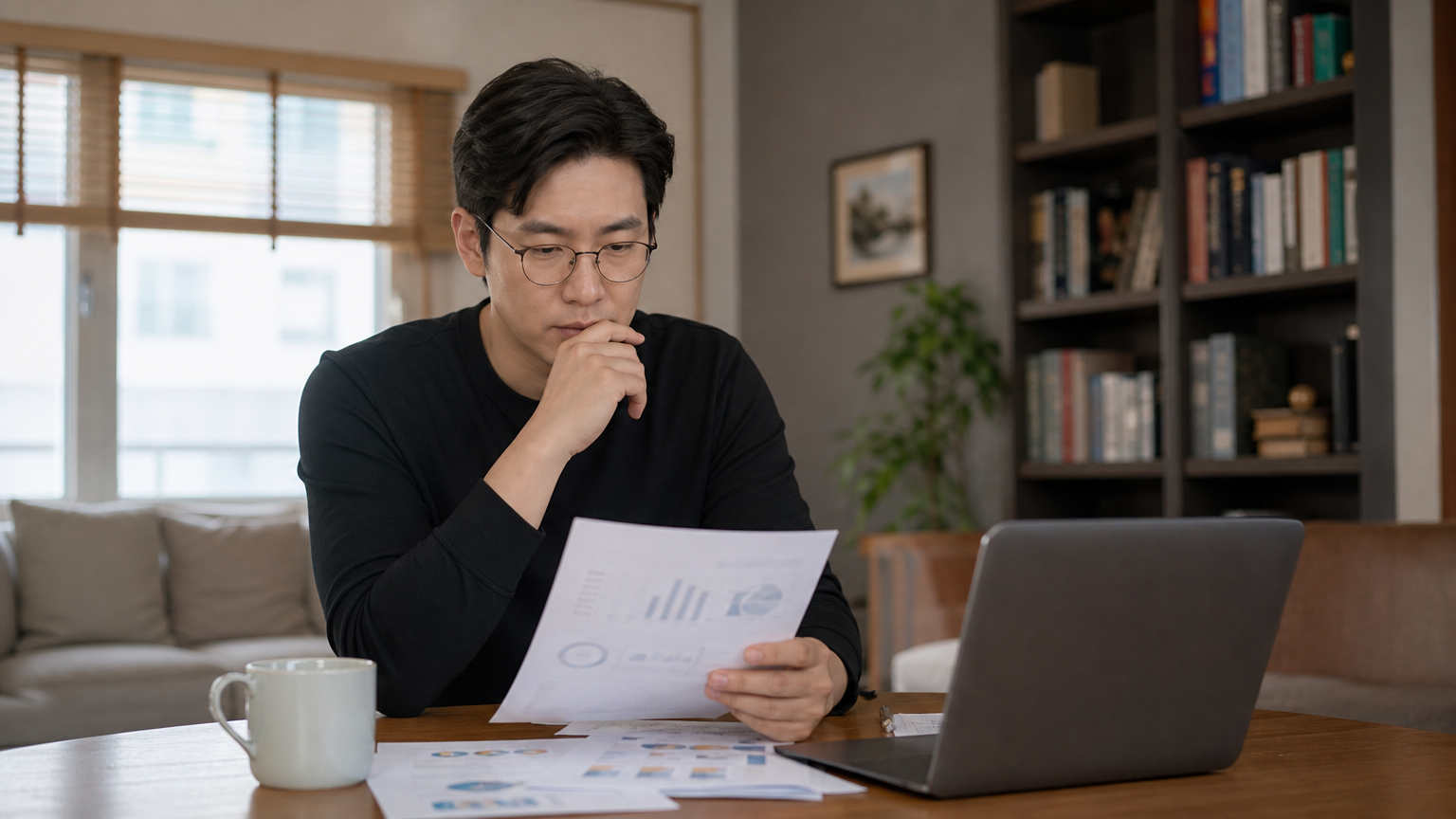 집에서 서류를 검토하는 직장인의 신중한 모습