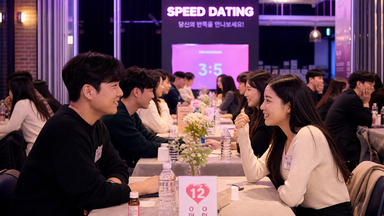 세련된 공간에서 진행되는 스피드 데이팅에 참여하는 젊은 성인들