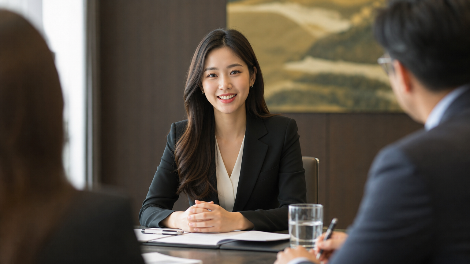 우아한 회의실에서 긍정적인 첫인상을 주는 여성