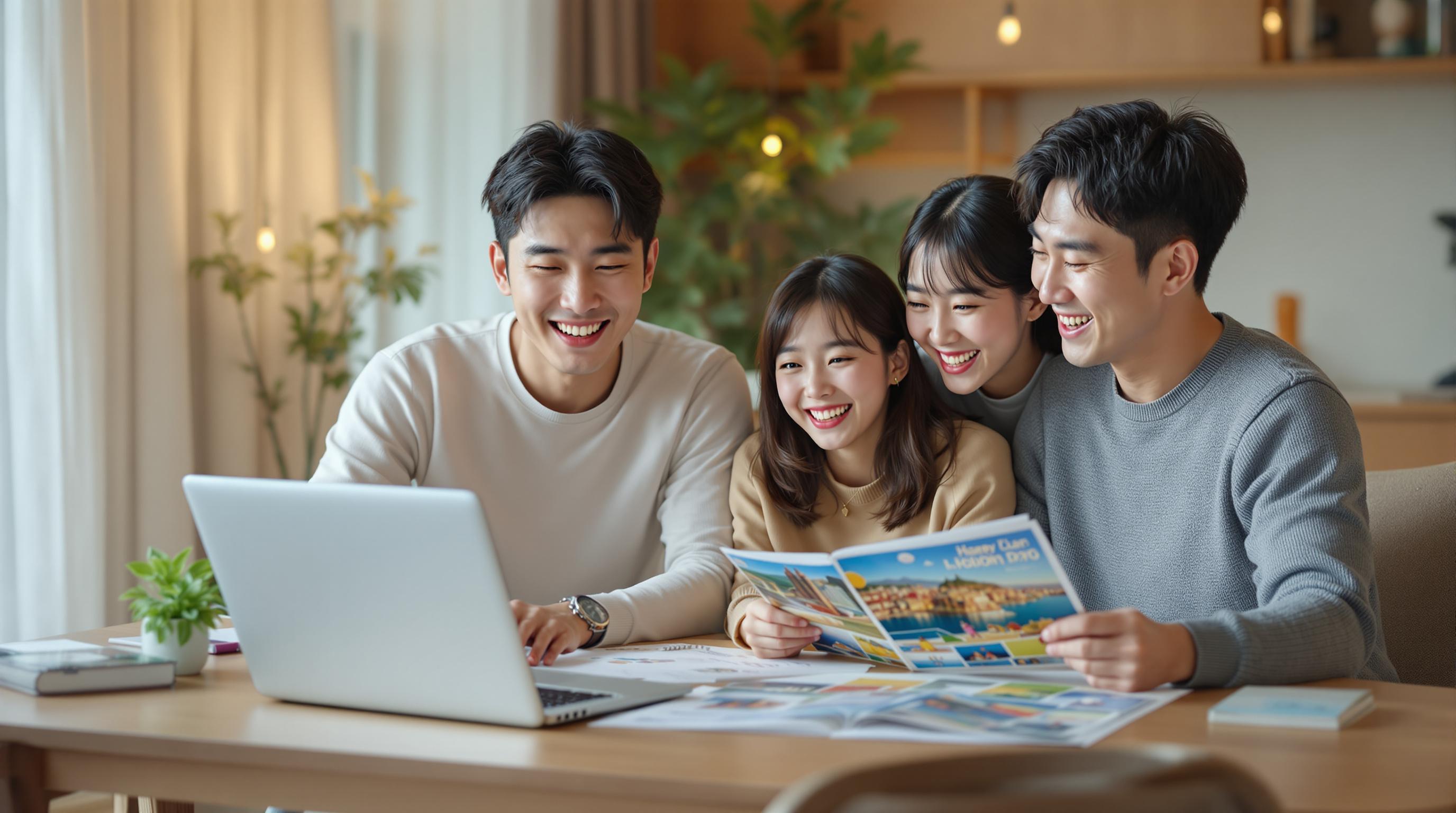 현대적인 가족이 집에서 휴가 계획을 세우고 있는 모습
