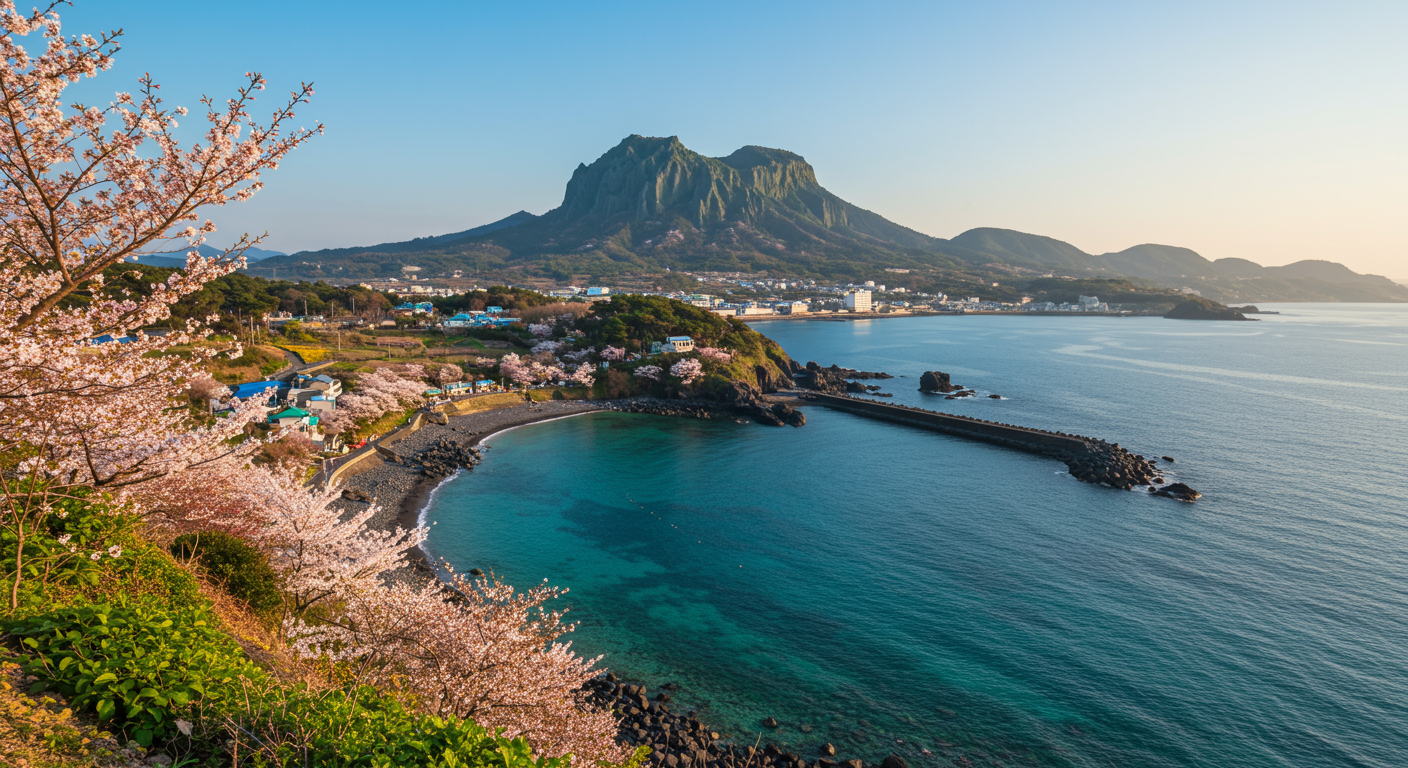 봄의 한라산과 푸른 바다를 배경으로 한 제주의 풍경
