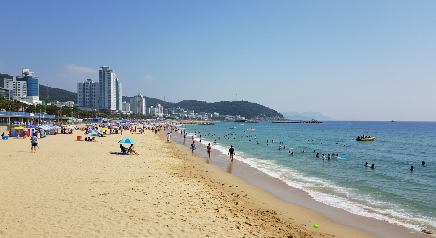 파도가 잔잔하고 햇살이 밝은 해운대 해변의 모습