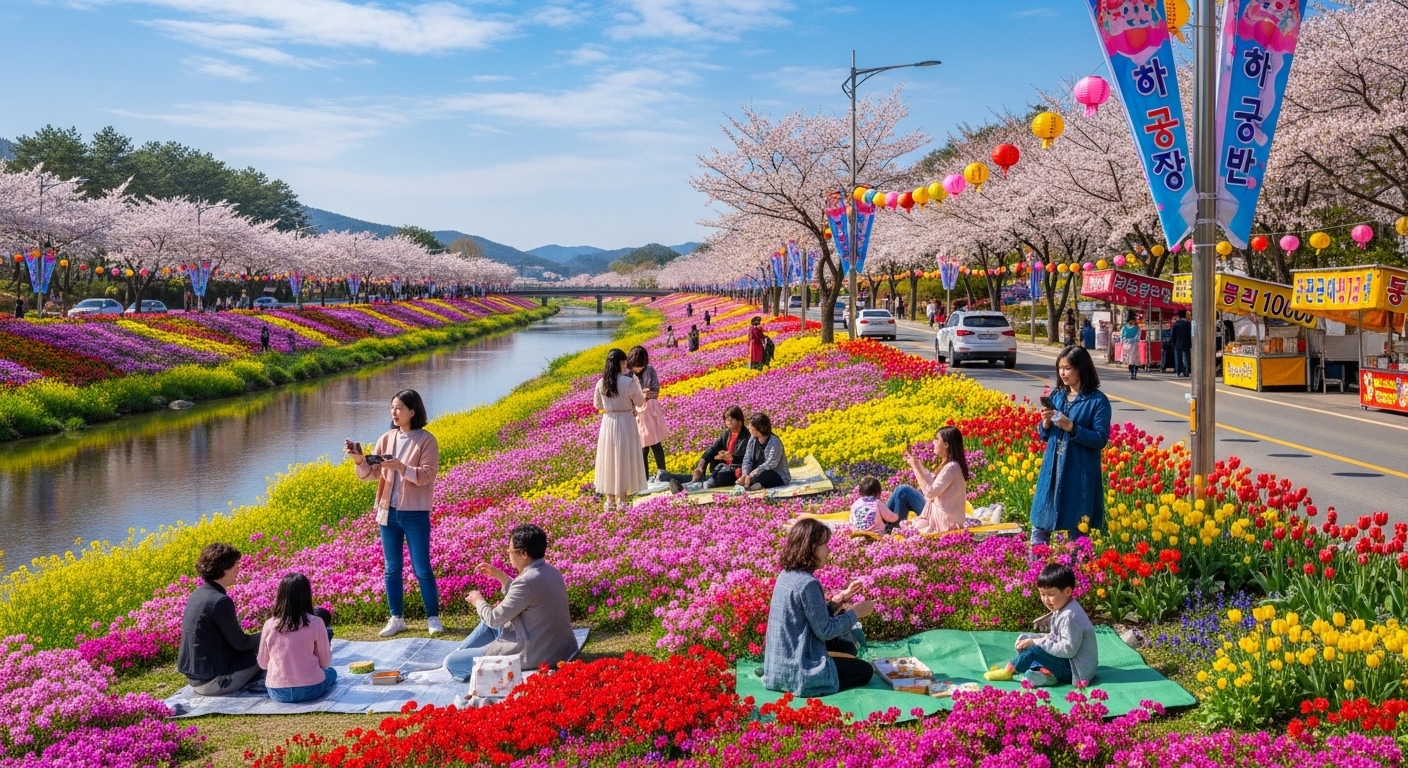 화려한 봄꽃이 만개한 화순 꽃강길을 배경으로 즐거운 시간을 보내는 가족들