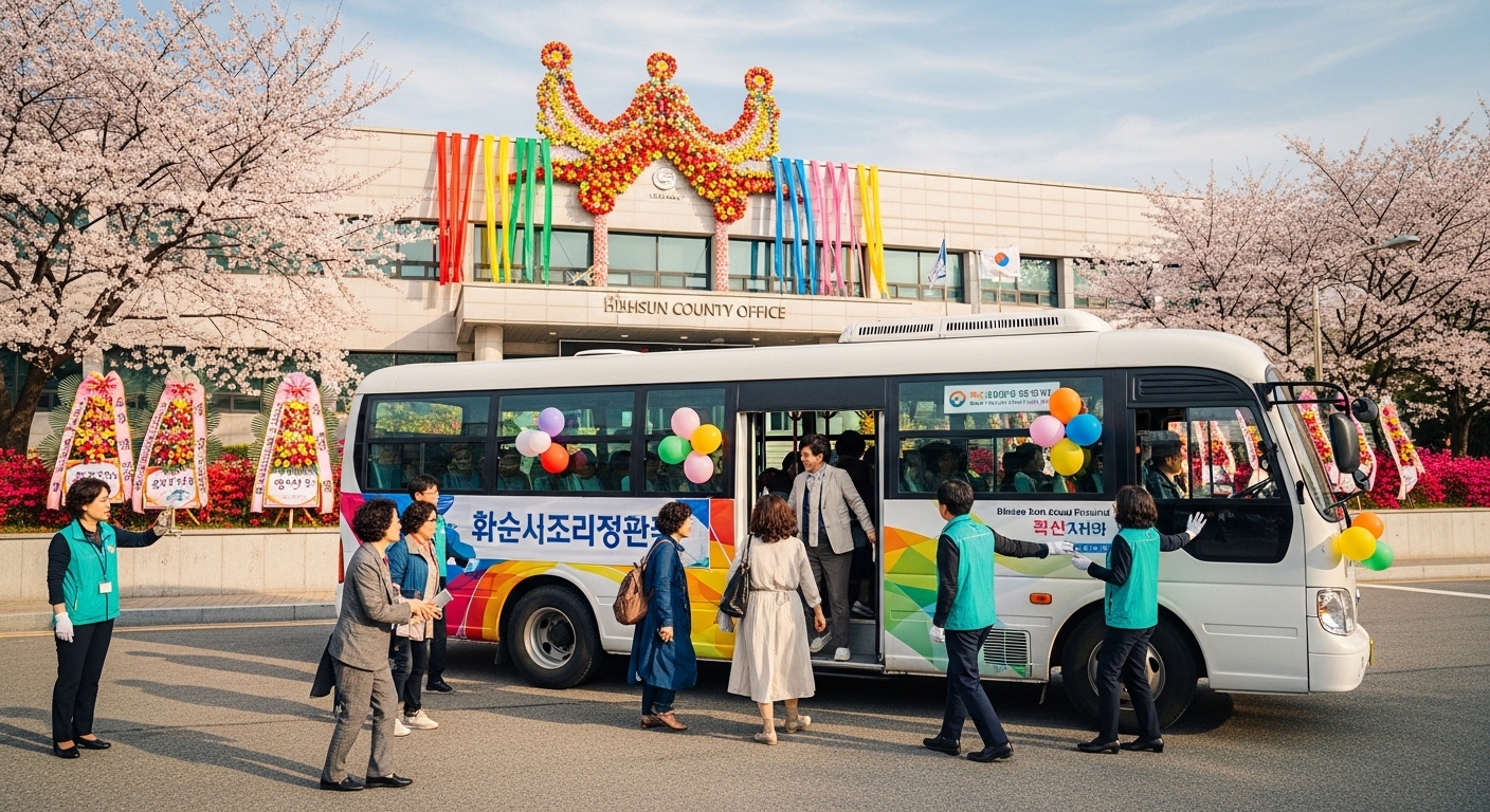 축제 장식이 더해진 버스를 타고 있는 사람들의 모습